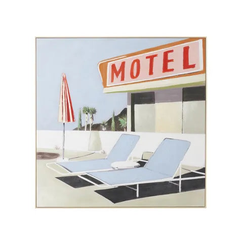 Motel Poolside Natural Frame Oil Painting