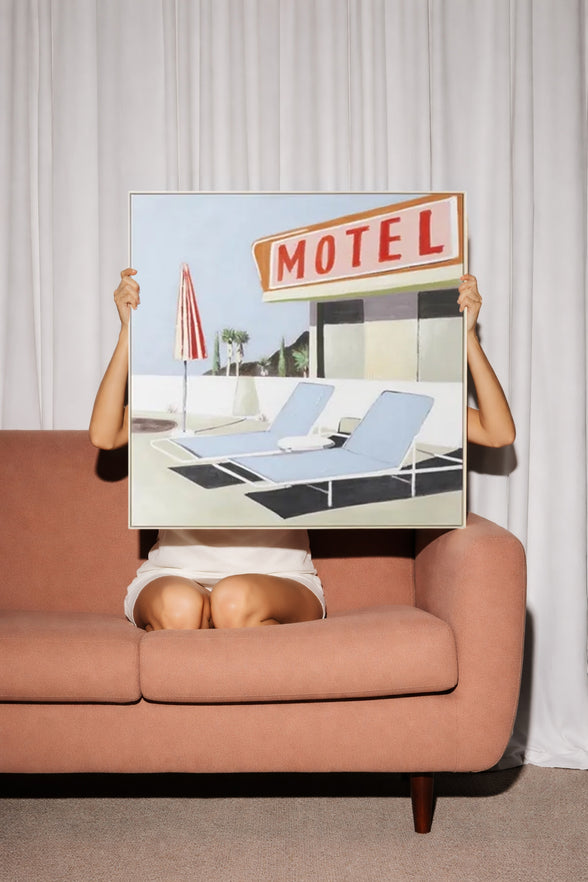 Motel Poolside Natural Frame Oil Painting